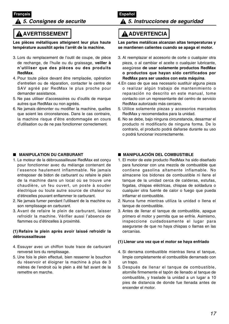 Advertencia | RedMax PSZ2401-CA User Manual | Page 17 / 68