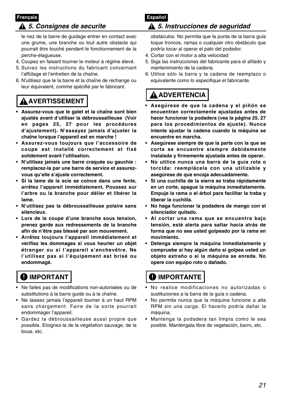 Important avertissement | RedMax PSZ2401-CA User Manual | Page 21 / 68
