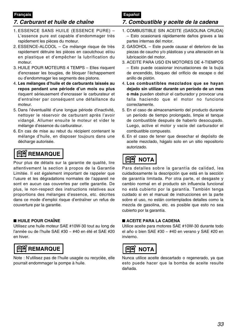 Remarque, Nota | RedMax PSZ2401-CA User Manual | Page 33 / 68