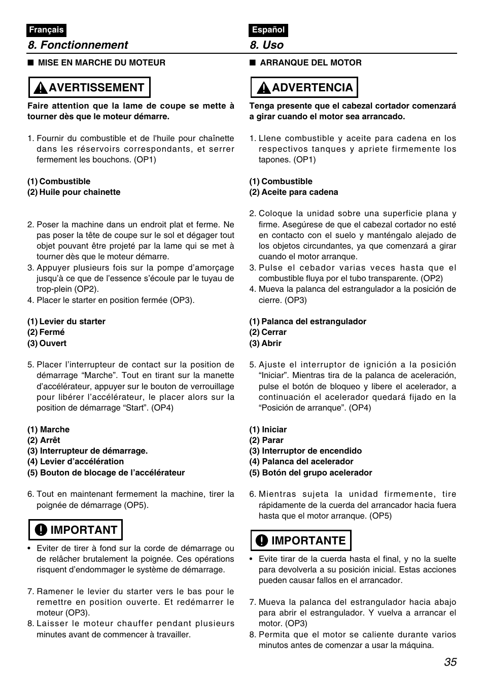 Importante advertencia 35, Important avertissement 8. fonctionnement 8. uso | RedMax PSZ2401-CA User Manual | Page 35 / 68