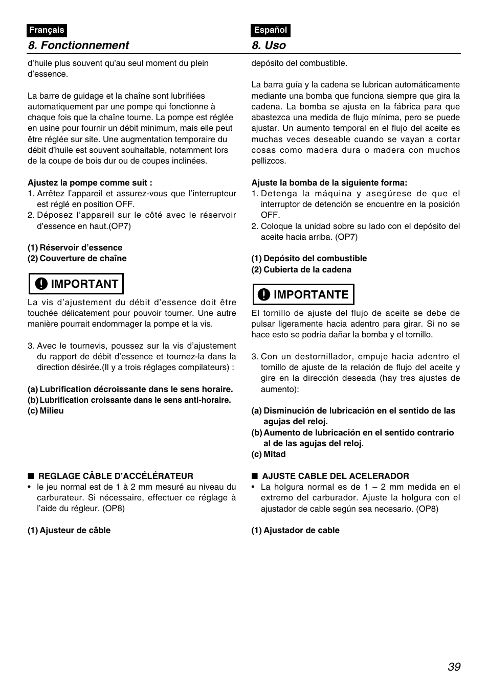 Important, Importante 8. fonctionnement 8. uso | RedMax PSZ2401-CA User Manual | Page 39 / 68