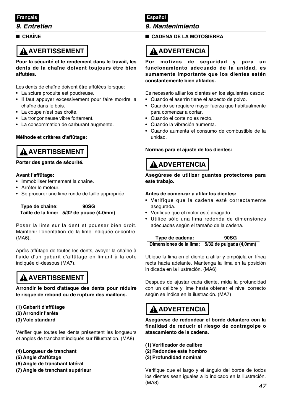 Avertissement, Advertencia, Advertencia 9. entretien 9. mantenimiento | RedMax PSZ2401-CA User Manual | Page 47 / 68