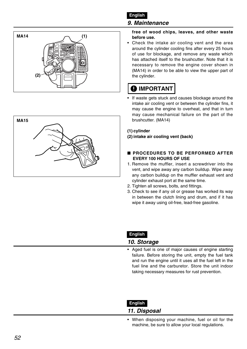 Important, Storage, Maintenance | Disposal | RedMax PSZ2401-CA User Manual | Page 52 / 68
