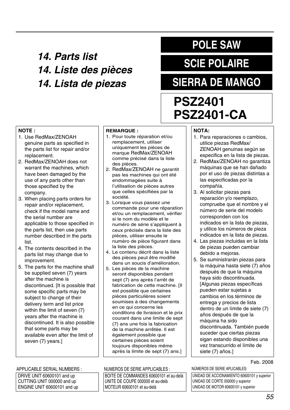 Pole saw scie polaire sierra de mango | RedMax PSZ2401-CA User Manual | Page 55 / 68