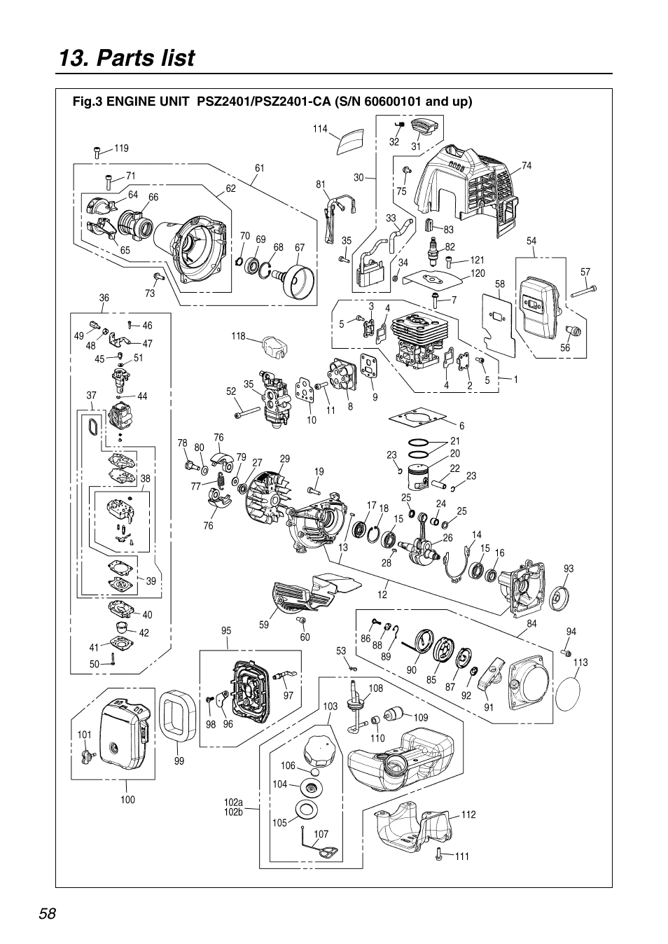 Parts list | RedMax PSZ2401-CA User Manual | Page 58 / 68