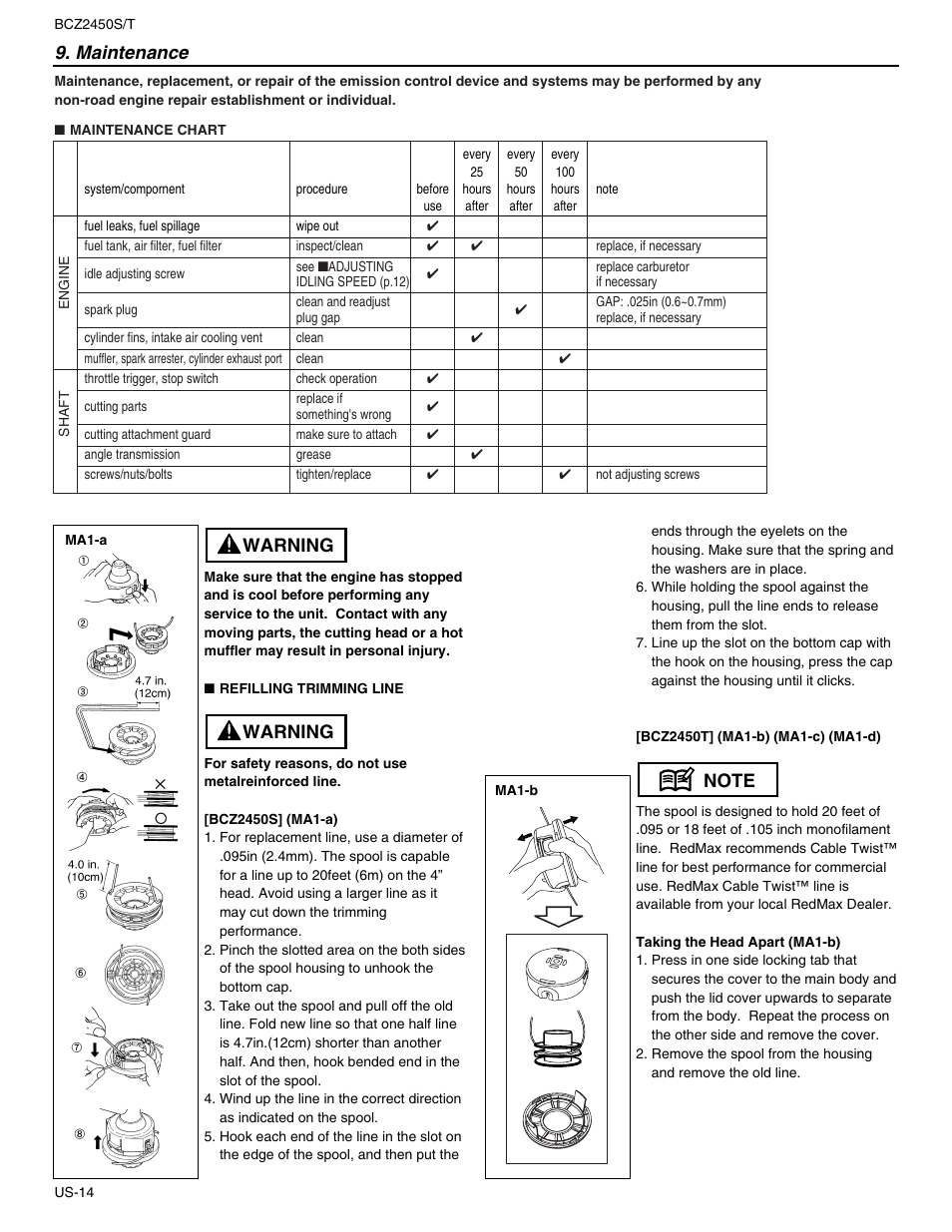 Maintenance, Warning | RedMax BCZ2450S User Manual | Page 14 / 22