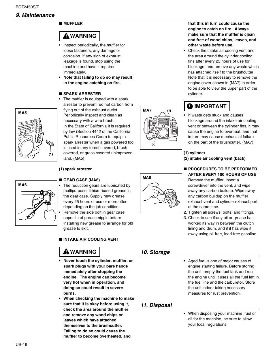 Maintenance, Storage 11. disposal, Important | Warning | RedMax BCZ2450S User Manual | Page 16 / 22