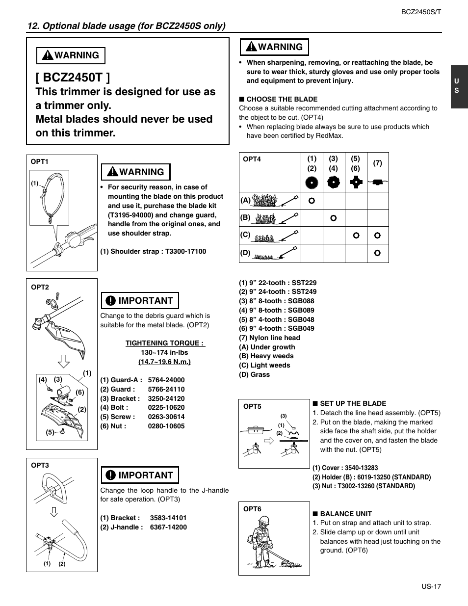Bcz2450t, Warning, Optional blade usage (for bcz2450s only) | Important, Important warning | RedMax BCZ2450S User Manual | Page 17 / 22