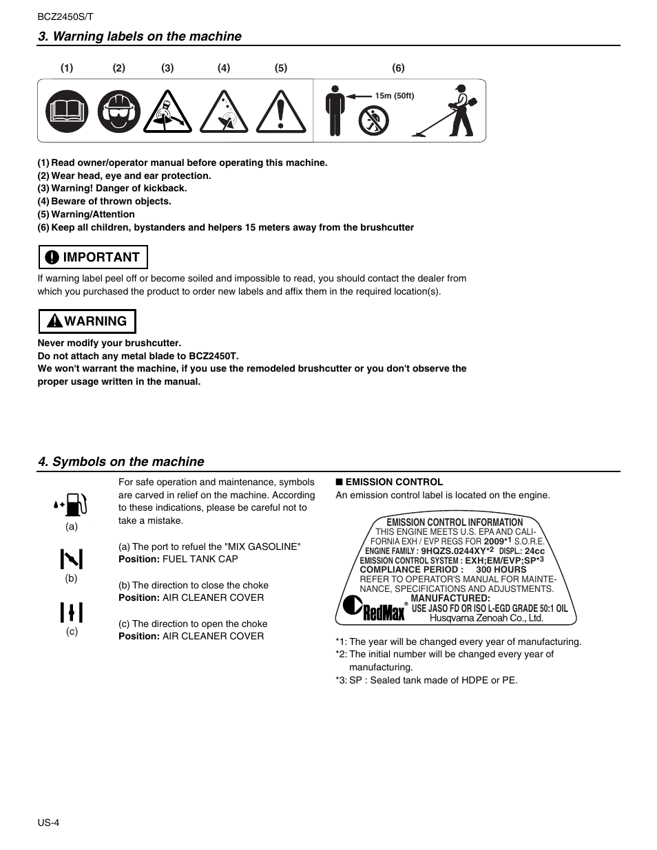 Warning labels on the machine, Warning important 4. symbols on the machine | RedMax BCZ2450S User Manual | Page 4 / 22
