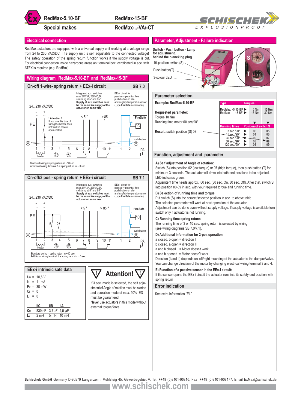 Attention, Electrical connection, Parameter selection | On-off 1-wire- spring return + eex-i circuit, On-off/3 pos - spring return + eex-i circuit, Eex-i intrinsic safe data, Sb 7.0 sb 7.1 | RedMax REVOLUTION -5.10-BF User Manual | Page 3 / 12