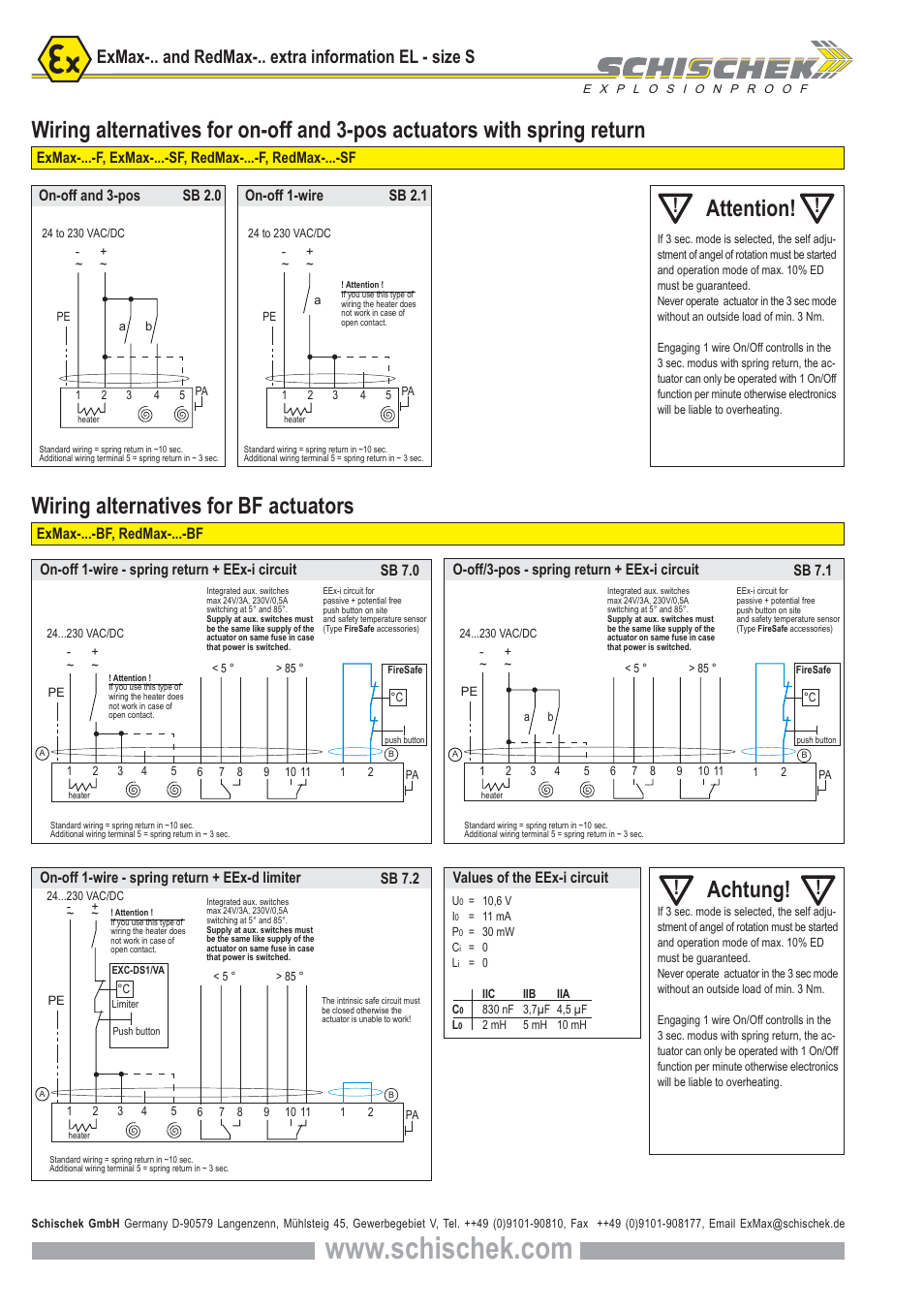 Attention, Wiring alternatives for bf actuators, Achtung | Exmax-...-bf, redmax-...-bf, On-off and 3-pos, On-off 1-wire, On-off 1-wire - spring return + eex-i circuit, O-off/3-pos - spring return + eex-i circuit, On-off 1-wire - spring return + eex-d limiter, Values of the eex-i circuit | RedMax REVOLUTION -5.10-BF User Manual | Page 6 / 12