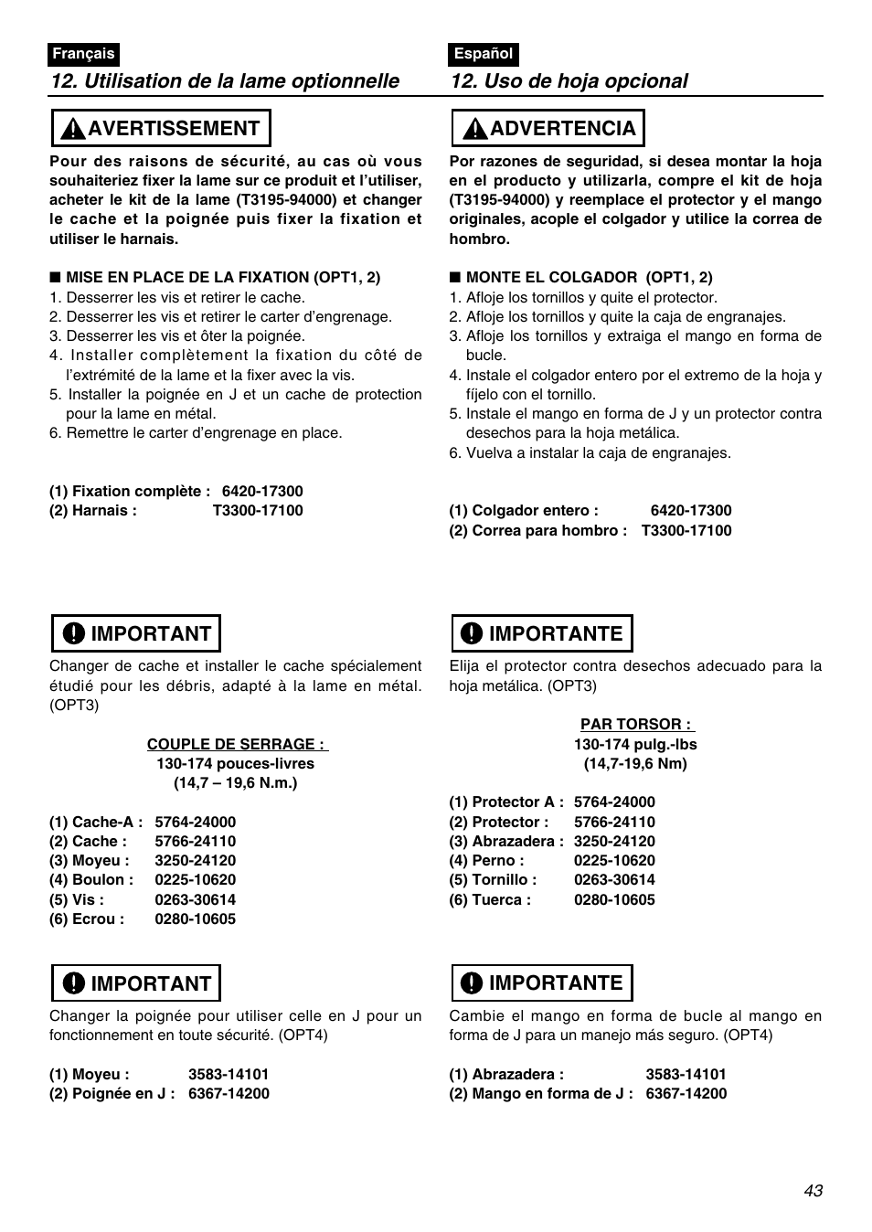 Important, Important avertissement, Importante | Importante advertencia | RedMax BCZ2401S-CA User Manual | Page 43 / 64