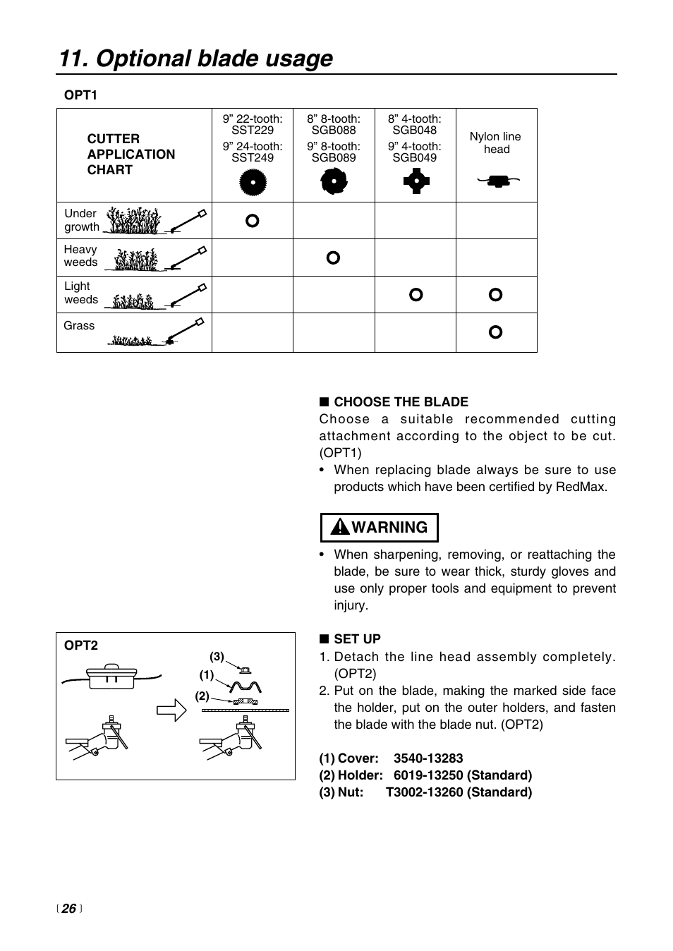 Optional blade usage, Warning | RedMax BCZ2600SW User Manual | Page 26 / 44
