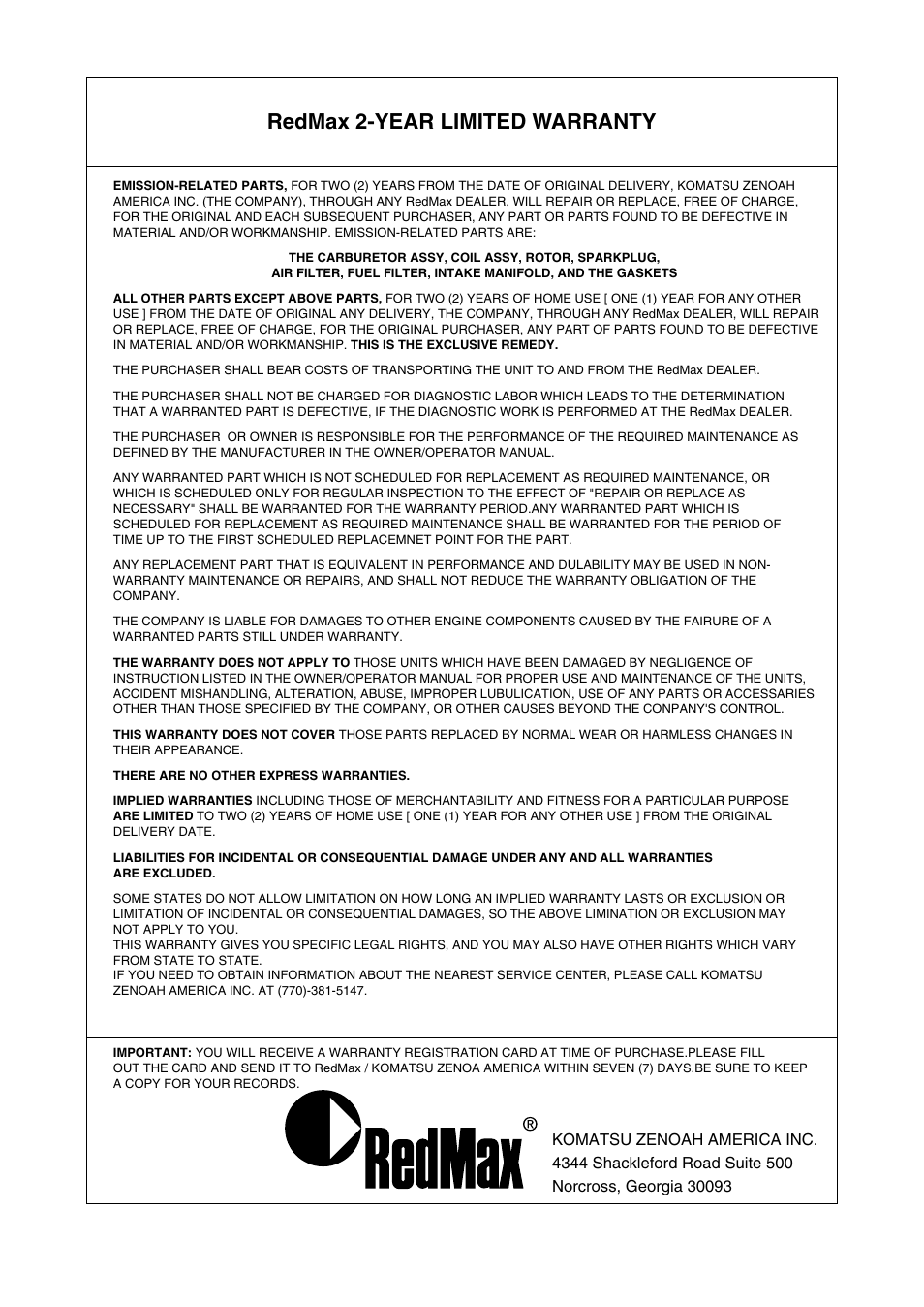 Redmax 2-year limited warranty | RedMax BCZ2600SW User Manual | Page 41 / 44