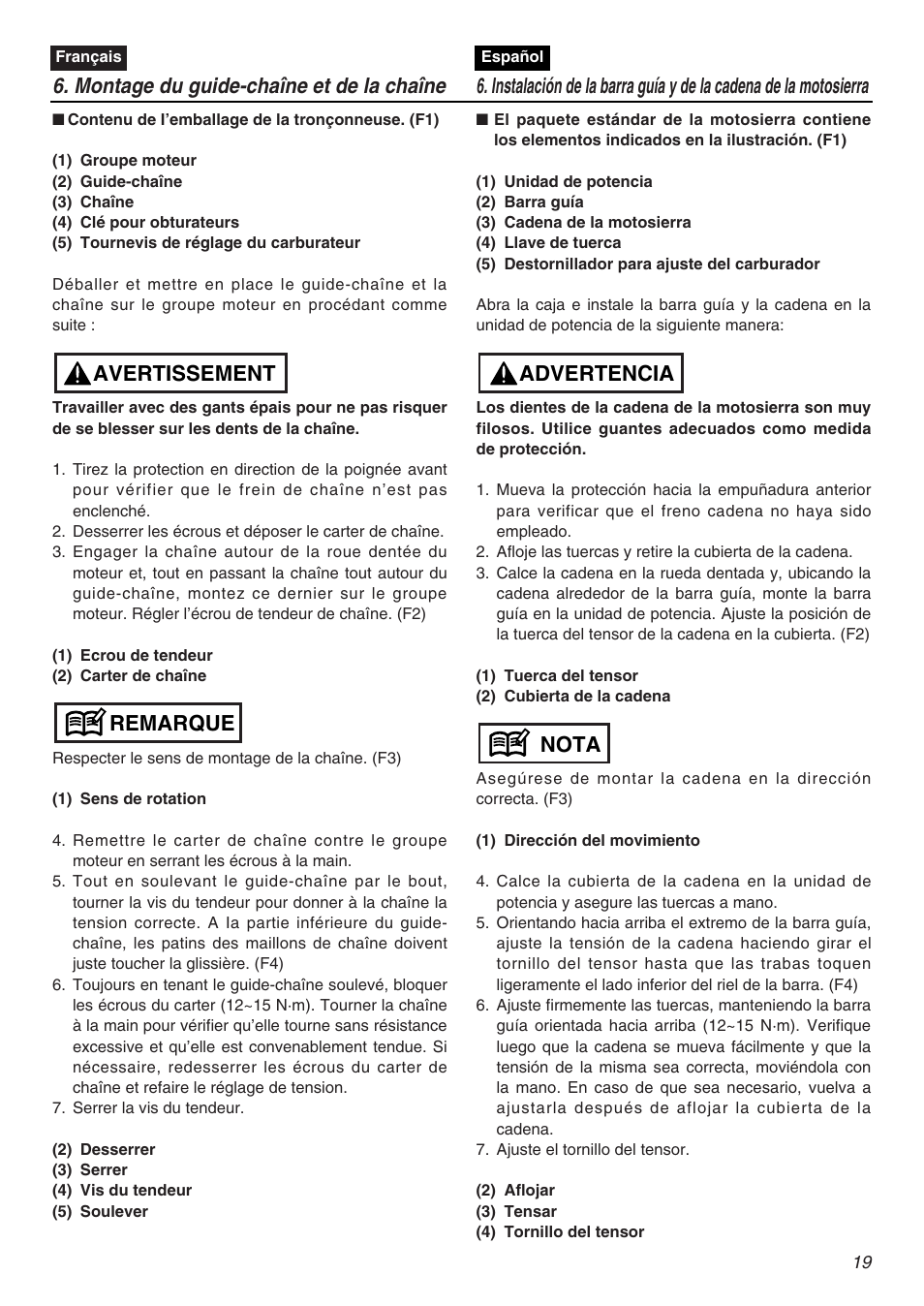 Remarque avertissement, Nota advertencia | RedMax GZ4500 User Manual | Page 19 / 72