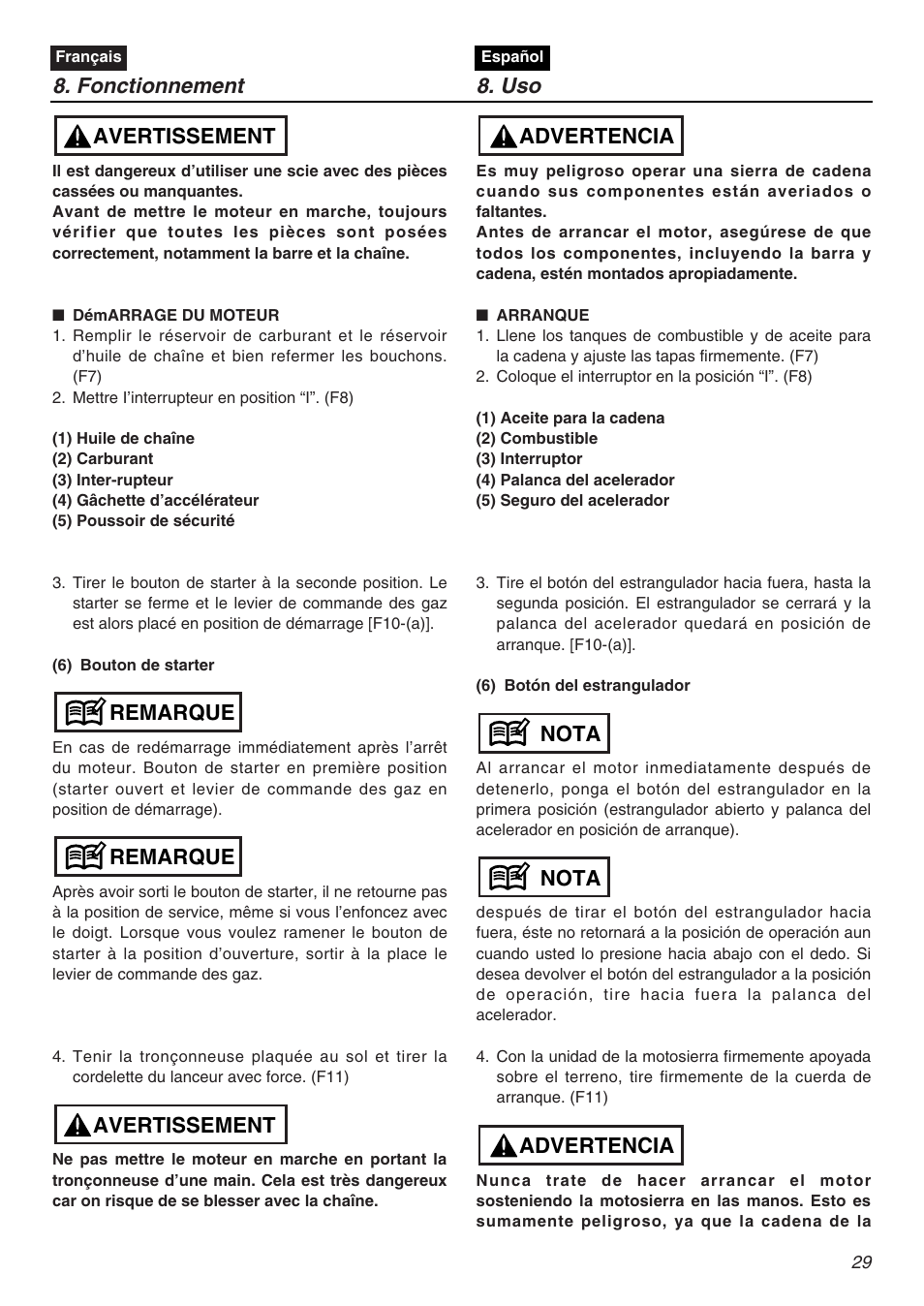 Fonctionnement 8. uso, Avertissement remarque remarque avertissement, Advertencia nota nota advertencia | RedMax GZ4500 User Manual | Page 29 / 72