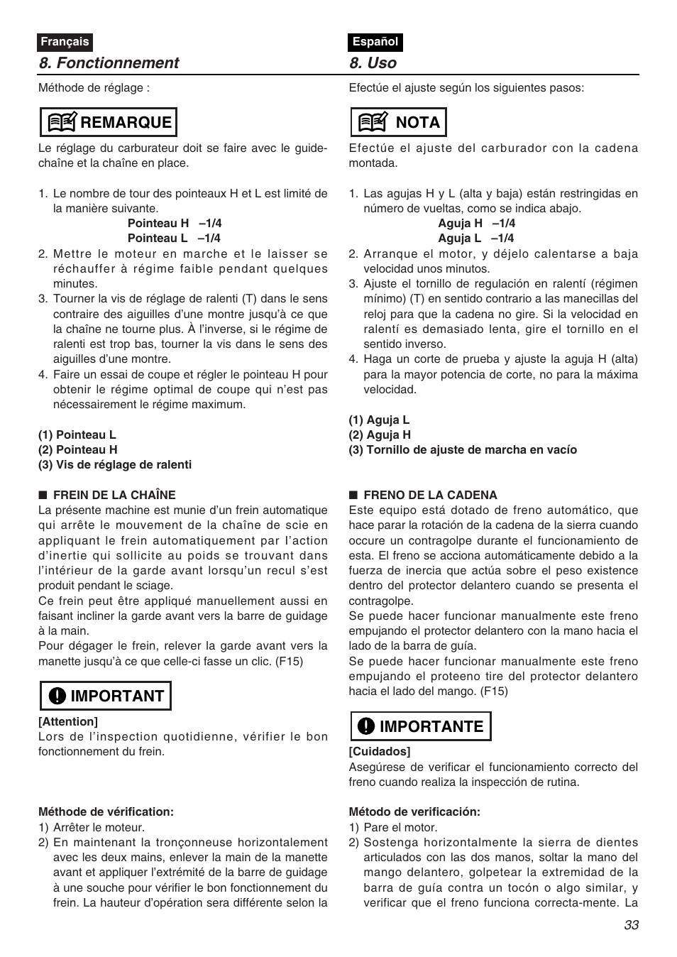 Fonctionnement 8. uso, Importante nota, Important remarque | RedMax GZ4500 User Manual | Page 33 / 72