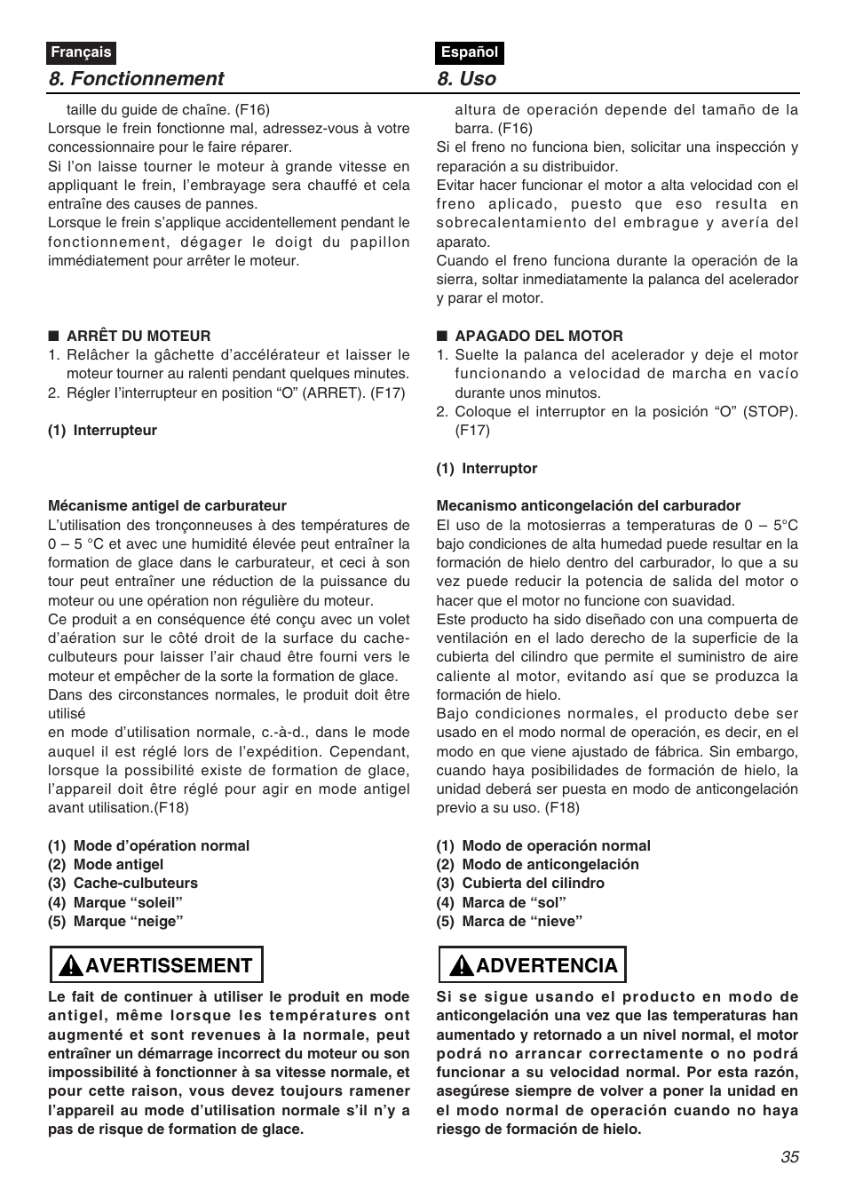 Fonctionnement 8. uso, Avertissement, Advertencia | RedMax GZ4500 User Manual | Page 35 / 72