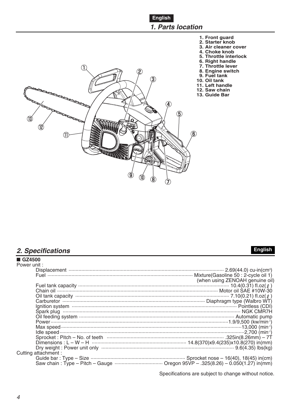 Parts location, Specifications | RedMax GZ4500 User Manual | Page 4 / 72