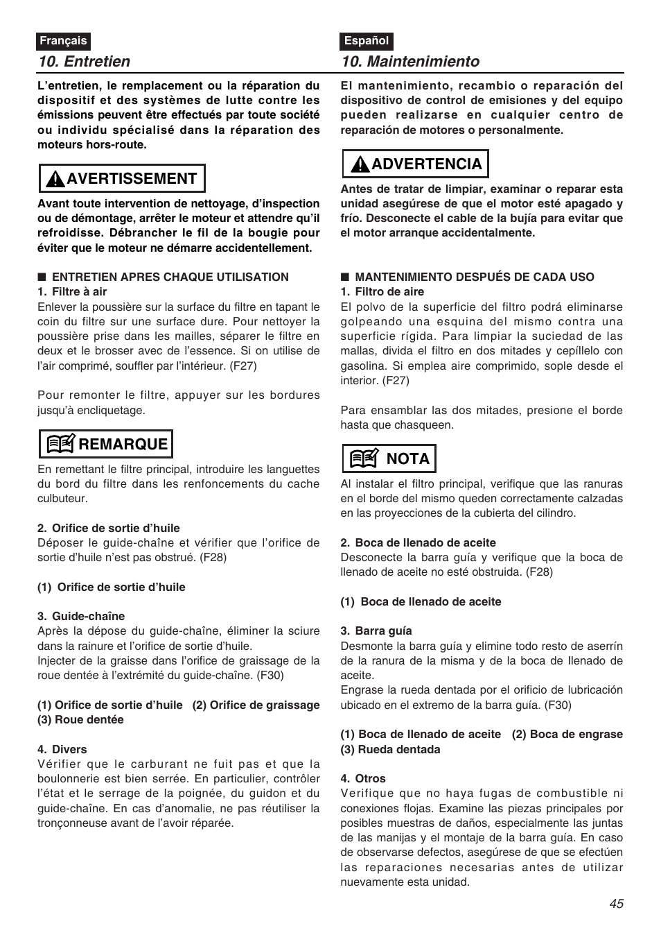 Entretien, Maintenimiento, Remarque avertissement | Nota advertencia | RedMax GZ4500 User Manual | Page 45 / 72