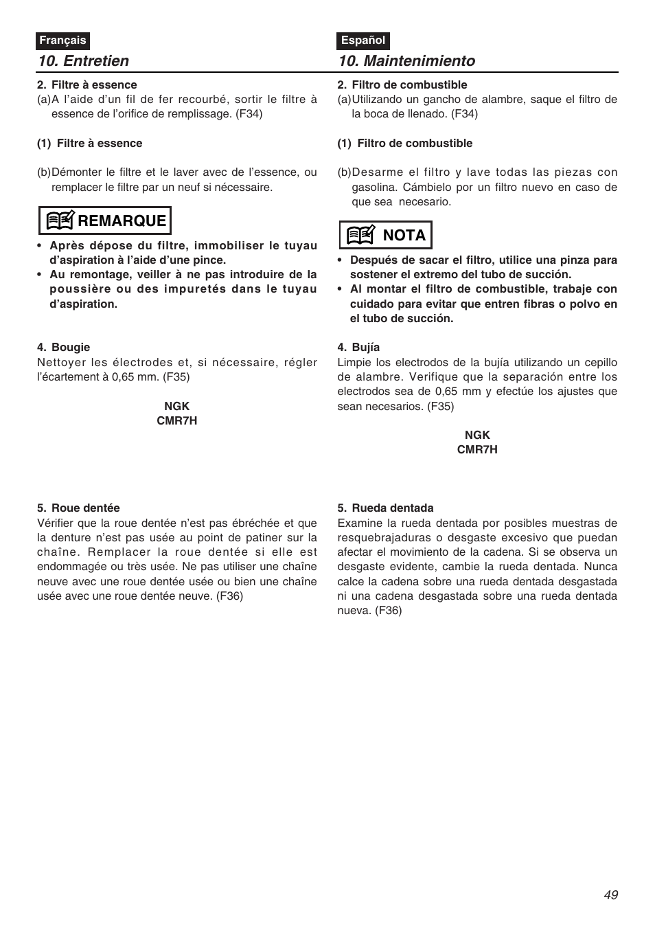 Remarque, Nota 10. entretien, Maintenimiento | RedMax GZ4500 User Manual | Page 49 / 72