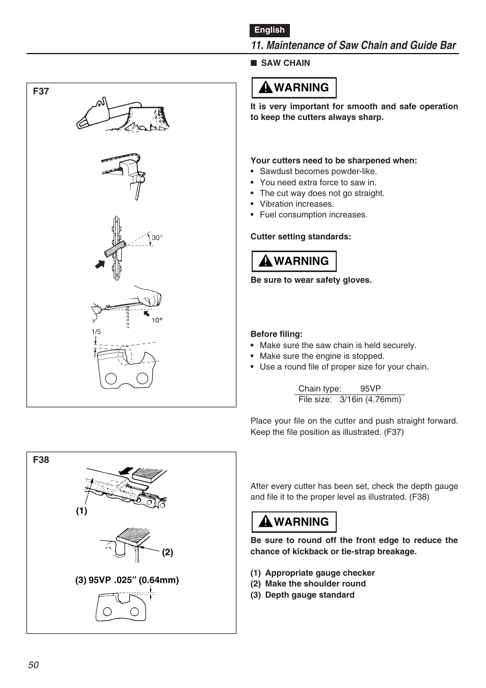 Maintenance of saw chain and guide bar, Warning | RedMax GZ4500 User Manual | Page 50 / 72