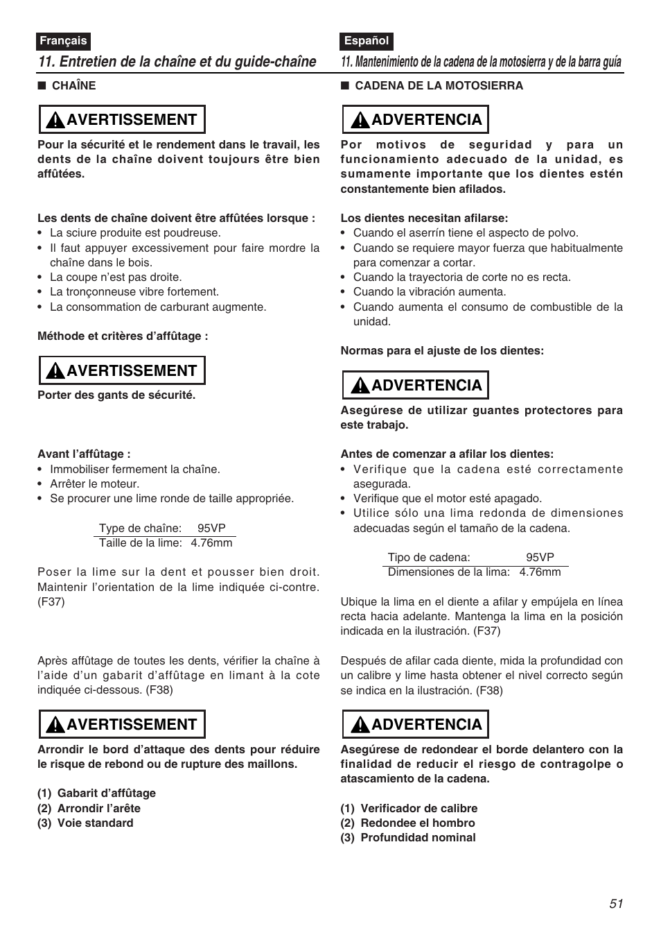 Entretien de la chaîne et du guide-chaîne, Avertissement, Advertencia | RedMax GZ4500 User Manual | Page 51 / 72