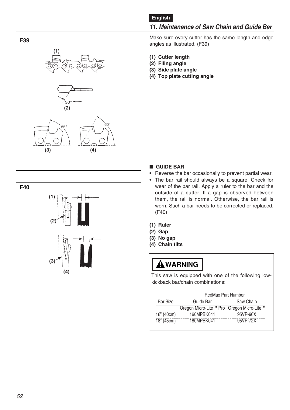 Maintenance of saw chain and guide bar, Warning | RedMax GZ4500 User Manual | Page 52 / 72