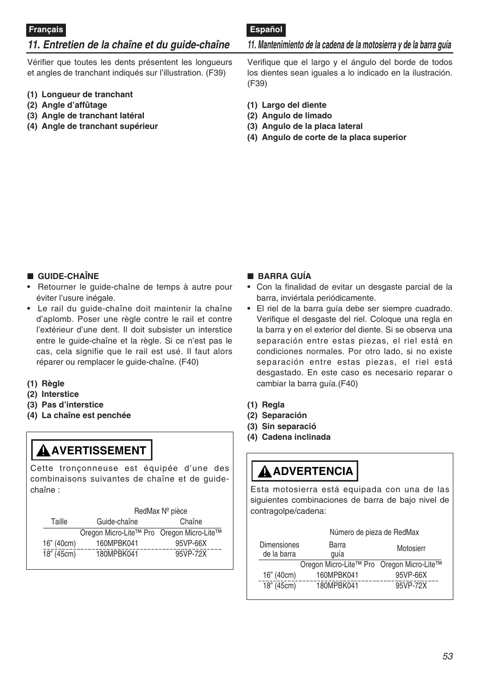 Entretien de la chaîne et du guide-chaîne, Avertissement, Advertencia | RedMax GZ4500 User Manual | Page 53 / 72