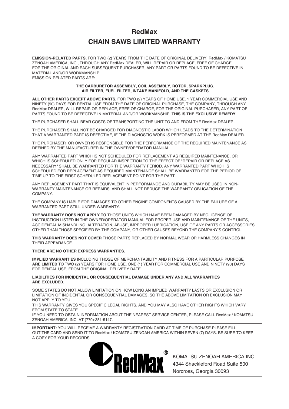 Redmax chain saws limited warranty | RedMax GZ4500 User Manual | Page 67 / 72