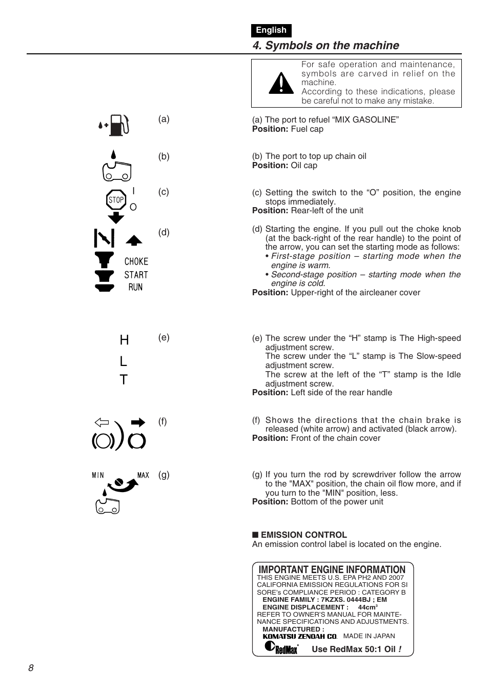 Symbols on the machine, Important engine information | RedMax GZ4500 User Manual | Page 8 / 72