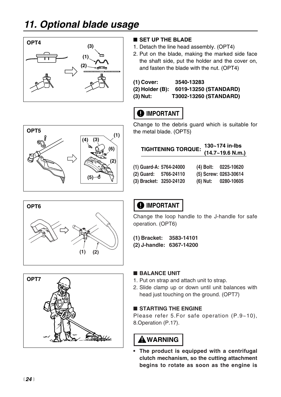 Optional blade usage, Warning important important | RedMax BCZ2400S User Manual | Page 24 / 36