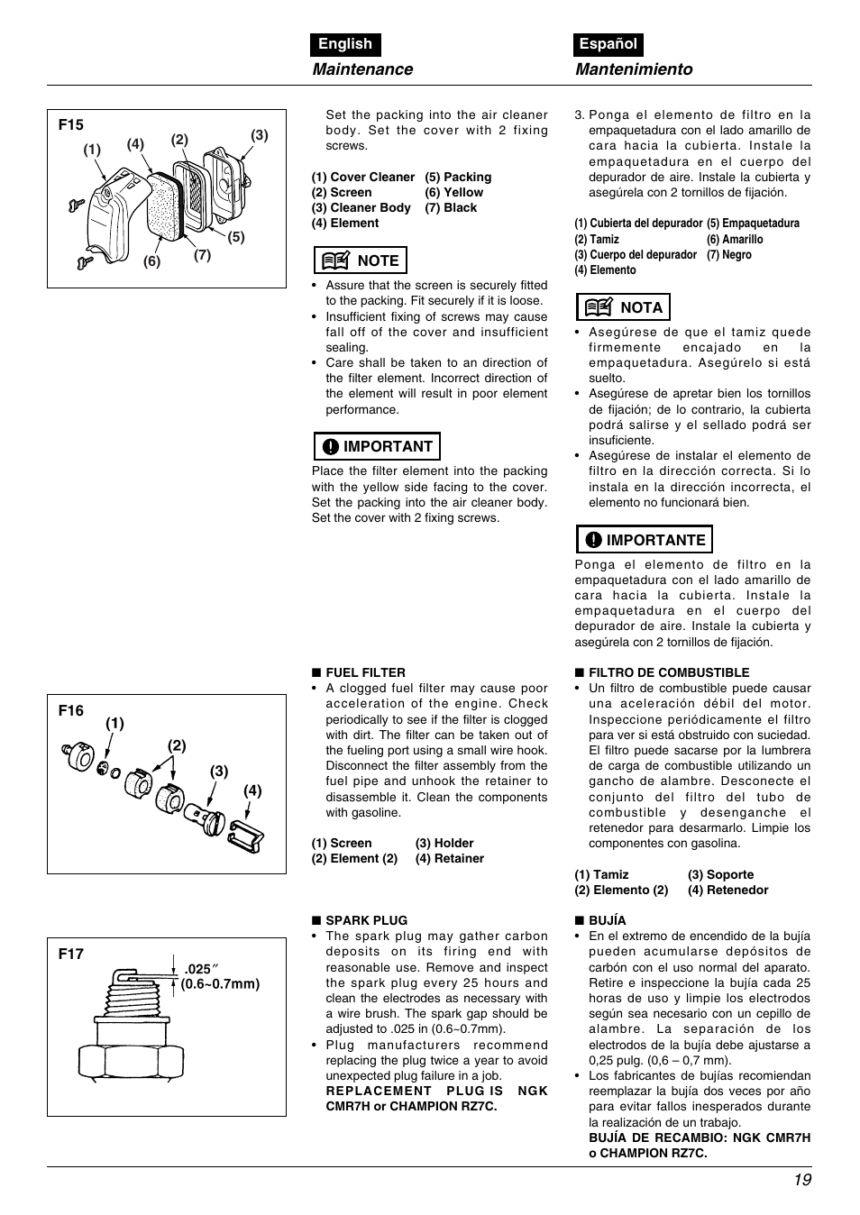 Maintenance, Mantenimiento | RedMax EBZ5000 User Manual | Page 19 / 32
