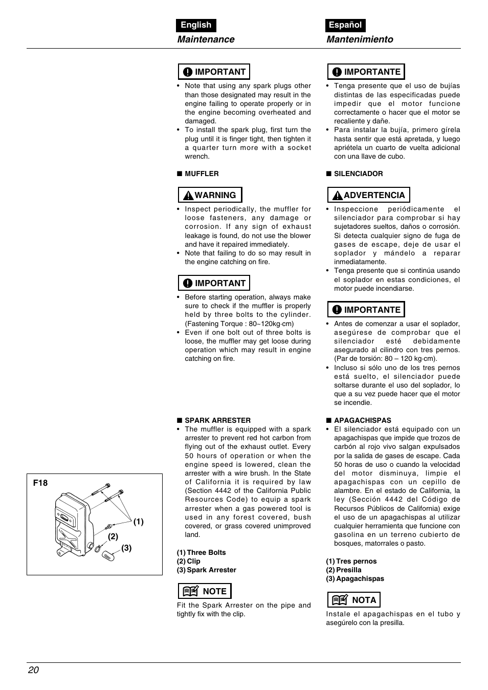 Maintenance, Mantenimiento | RedMax EBZ5000 User Manual | Page 20 / 32