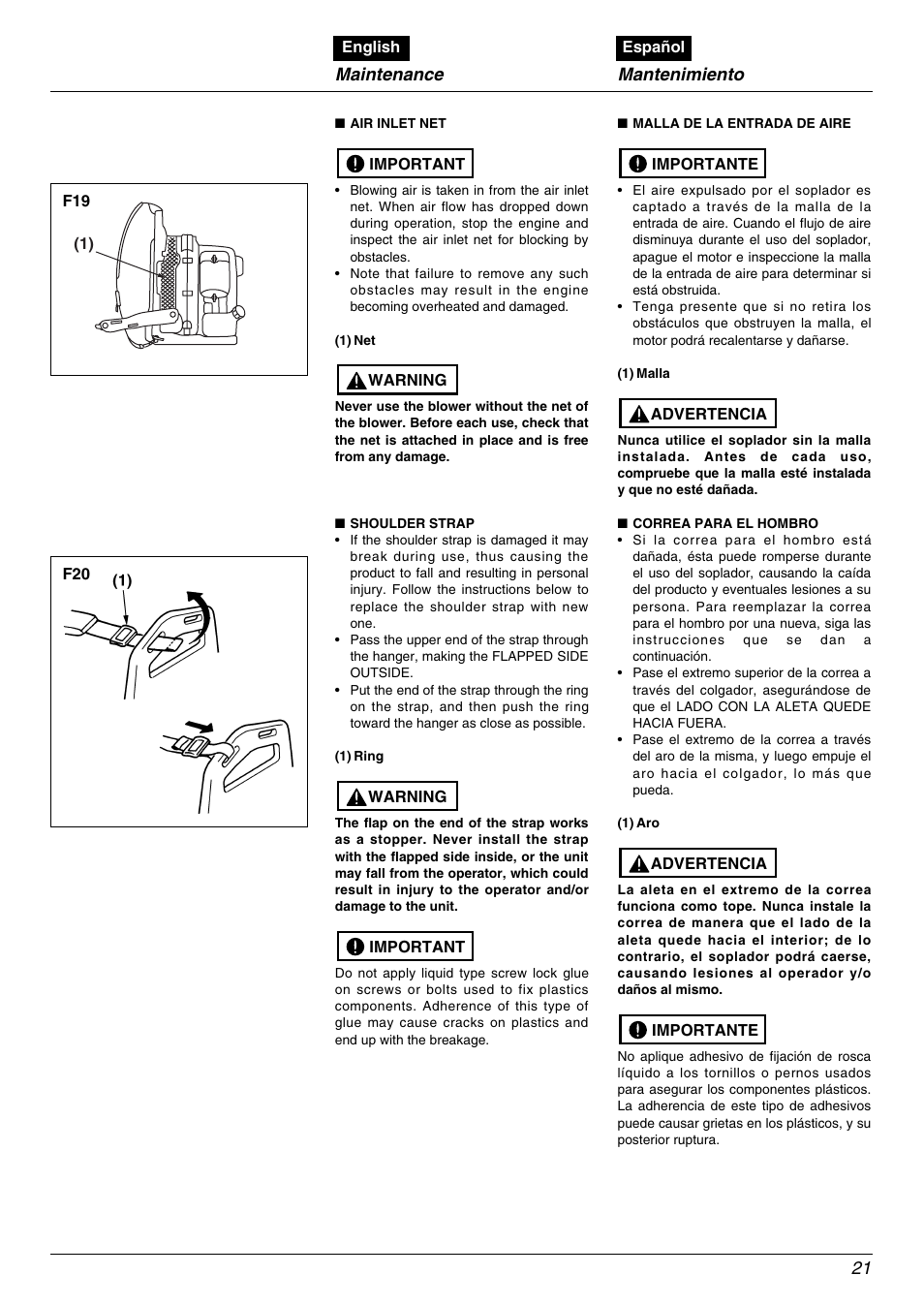 Maintenance, Mantenimiento | RedMax EBZ5000 User Manual | Page 21 / 32