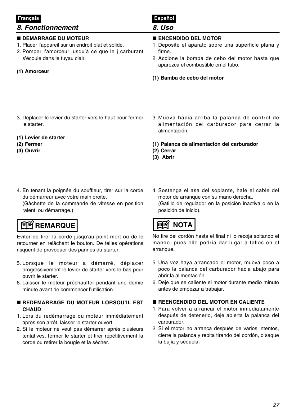 Fonctionnement 8. uso, Remarque, Nota | RedMax HB250 User Manual | Page 27 / 48