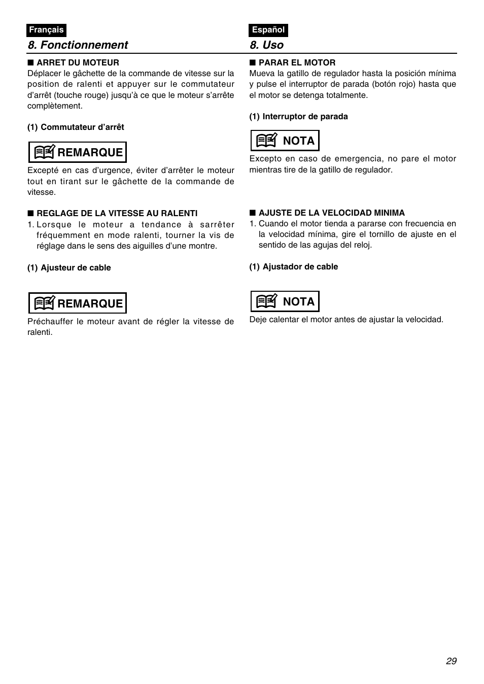 Fonctionnement 8. uso, Remarque, Nota | RedMax HB250 User Manual | Page 29 / 48