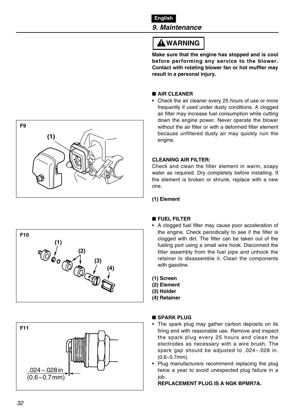 Maintenance, Warning | RedMax HB250 User Manual | Page 32 / 48