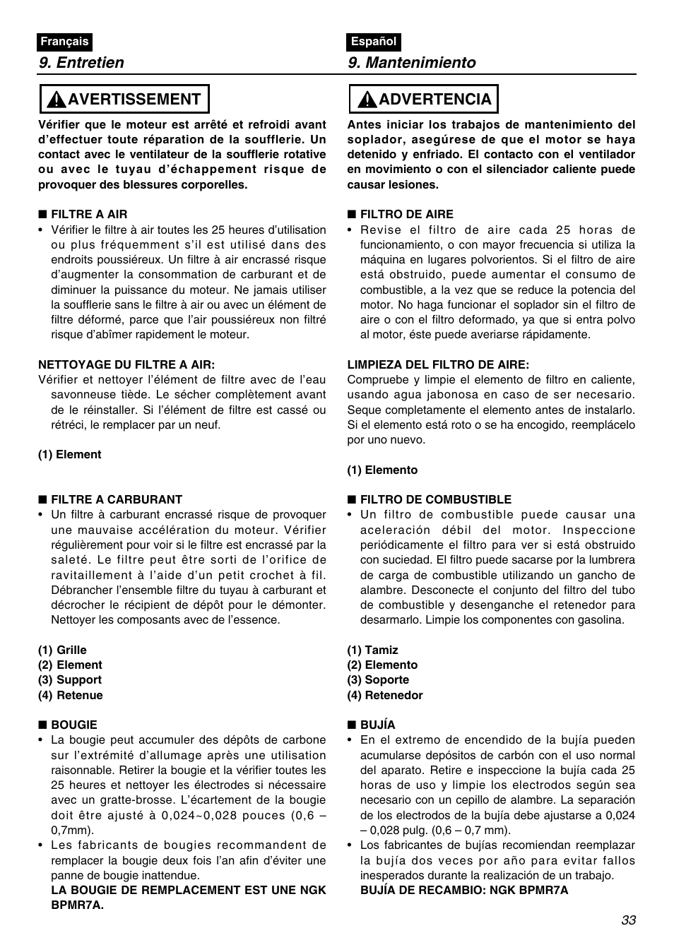 Entretien 9. mantenimiento, Avertissement, Advertencia | RedMax HB250 User Manual | Page 33 / 48