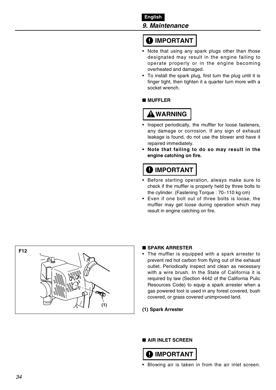 Maintenance, Important, Important warning important | RedMax HB250 User Manual | Page 34 / 48