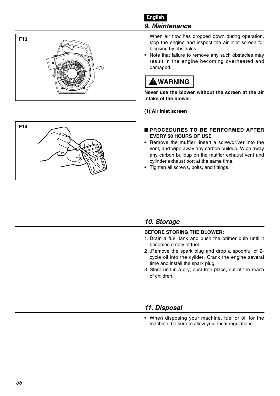 Maintenance, Warning, Storage 11. disposal | RedMax HB250 User Manual | Page 36 / 48