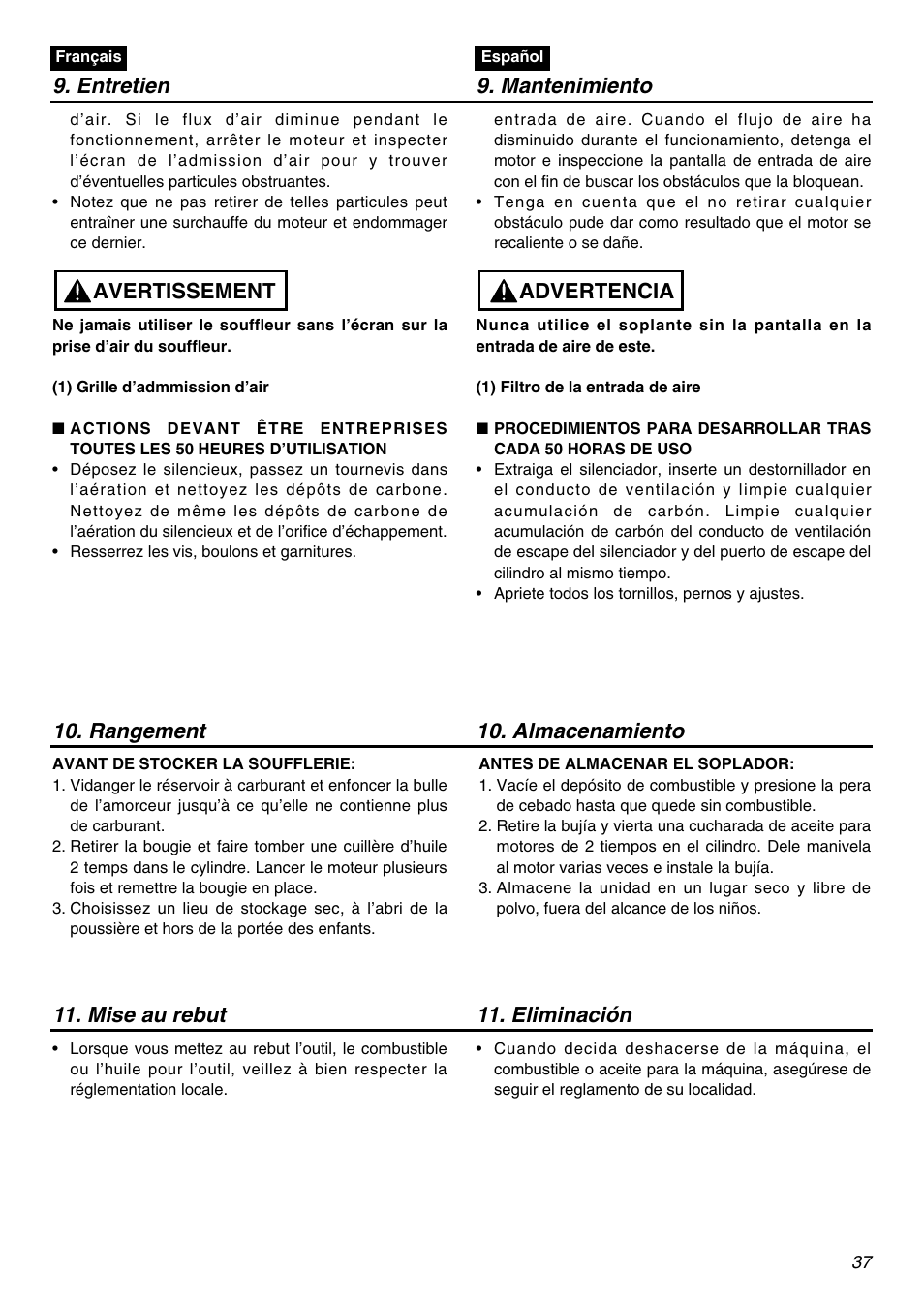 Entretien 9. mantenimiento, Avertissement, Advertencia | RedMax HB250 User Manual | Page 37 / 48