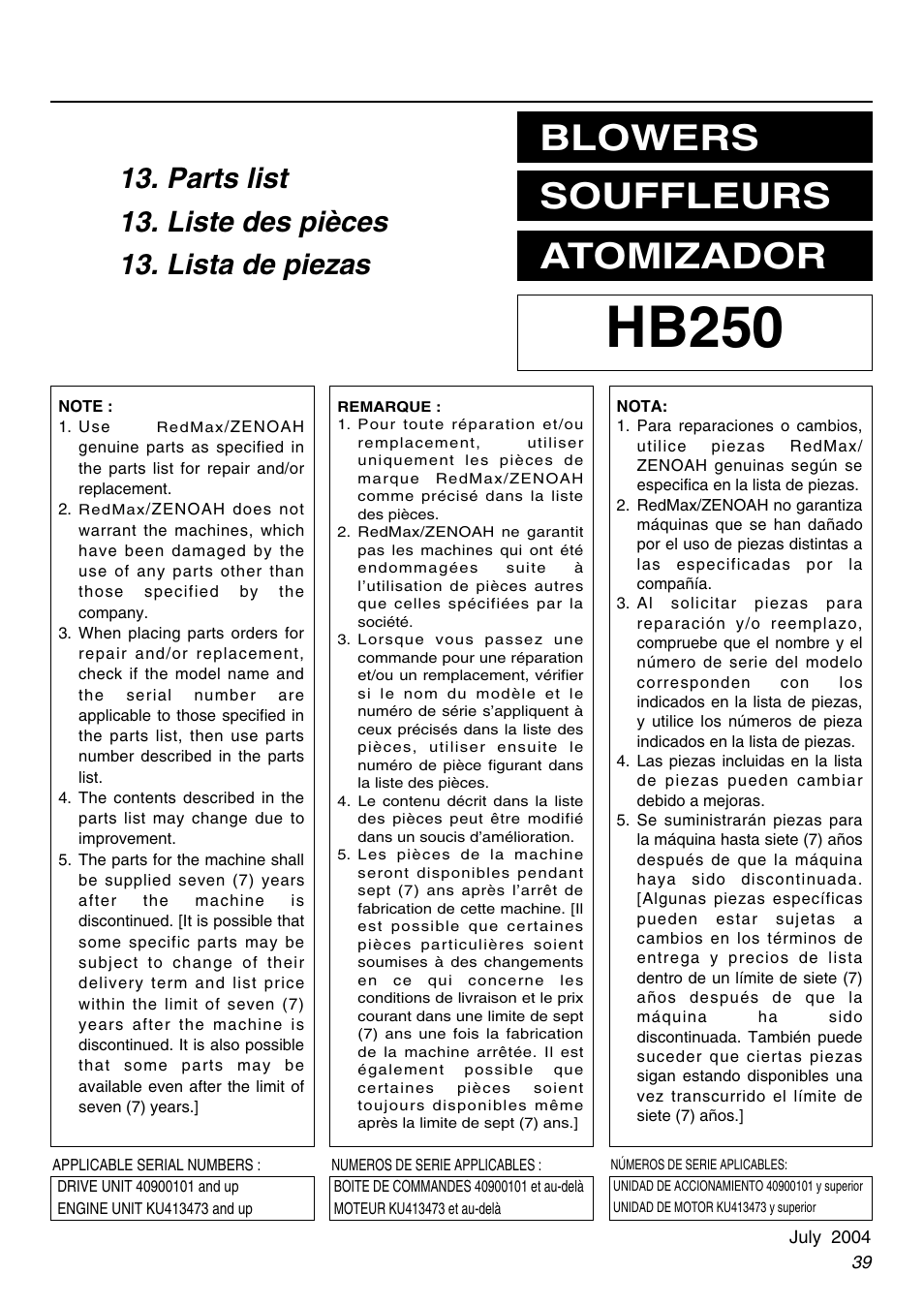Hb250, Blowers souffleurs atomizador | RedMax HB250 User Manual | Page 39 / 48