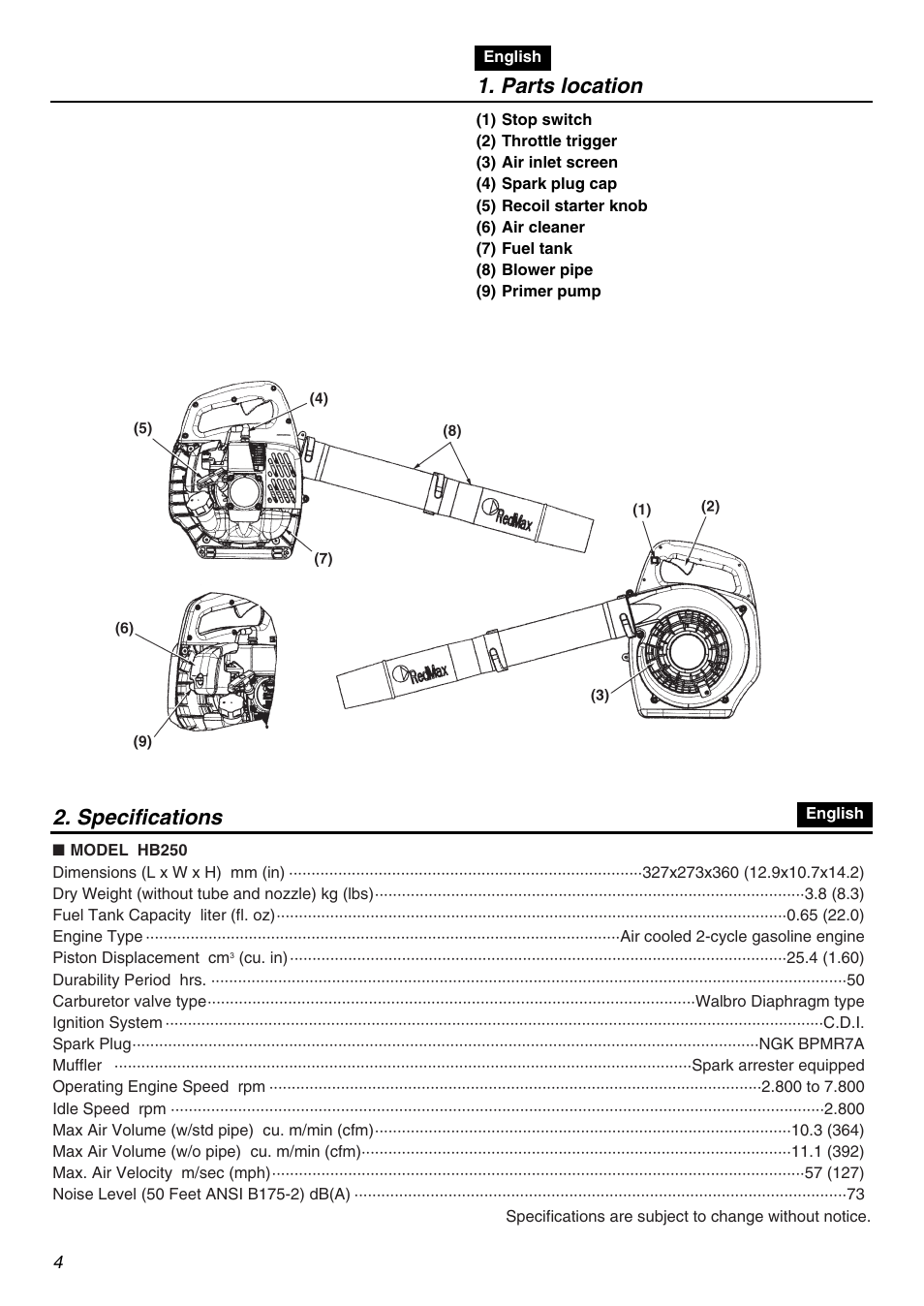 Parts location, Specifications | RedMax HB250 User Manual | Page 4 / 48