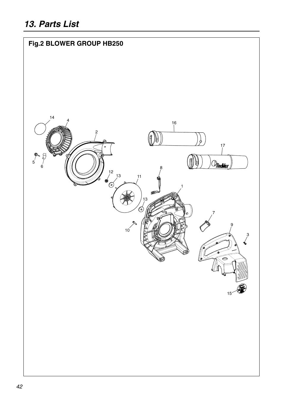 Parts list | RedMax HB250 User Manual | Page 42 / 48