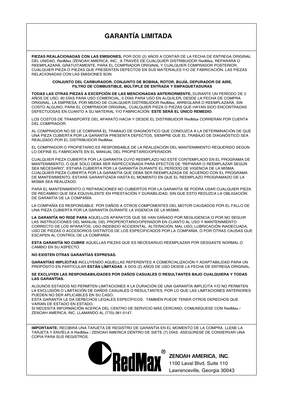 Garantía limitada | RedMax HB250 User Manual | Page 46 / 48