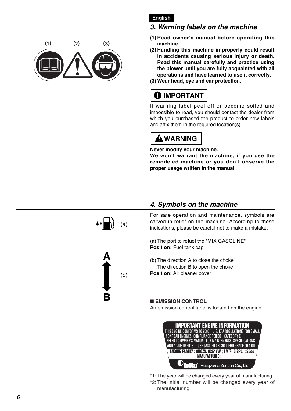 Important engine information, Warning labels on the machine, Warning important | Symbols on the machine | RedMax HB250 User Manual | Page 6 / 48
