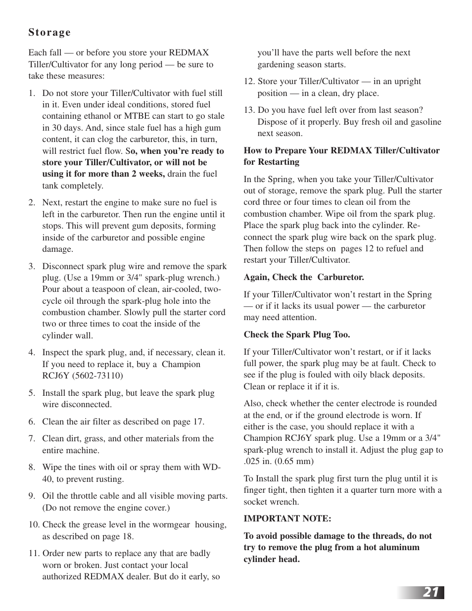 RedMax CV225 User Manual | Page 21 / 31