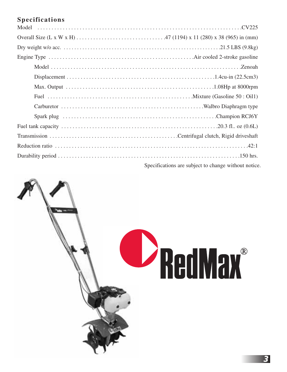 RedMax CV225 User Manual | Page 3 / 31