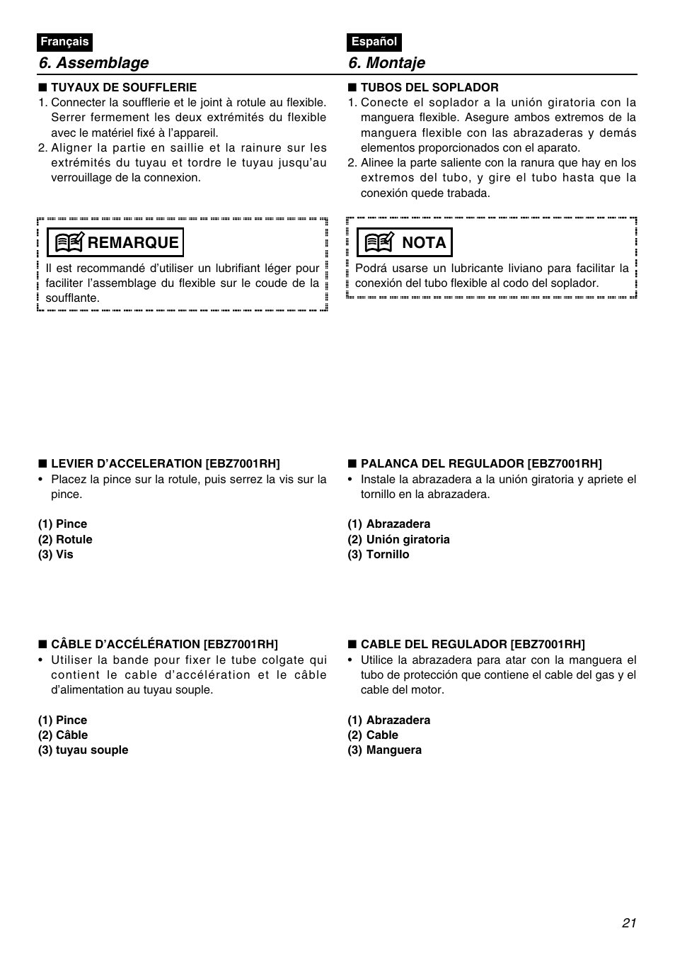 Assemblage 6. montaje, Remarque, Nota | RedMax EBZ7001 User Manual | Page 21 / 56